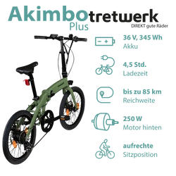 Bis zu 85 Kilometer erreicht das Pedelec mit 345 Wh Akku und Radnabenmotor hinten. Gefahren wird in aufrechter Sitzposition.