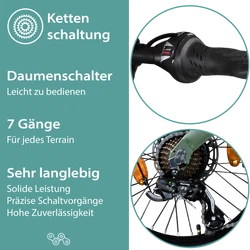 Die langlebige 7 Gang Kettenschaltung liefert präzise Schaltvorgänge bei hoher Zuverlässigkeit und Langlebigkeit.