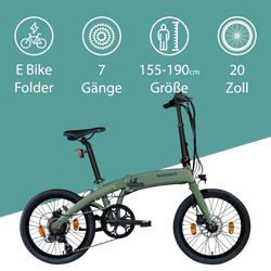 Tretwerk Akimbo Plus khaki Das Elektroklapprad mit 7 Gängen in 20 Zoll Größe eignet sich für Personen mit einer Körpergröße zwischen 155 und 190 cm.