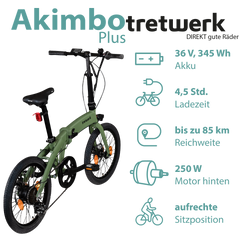 Tretwerk Akimbo Plus khaki Bis zu 85 Kilometer erreicht das Pedelec mit 345 Wh Akku und Radnabenmotor hinten. Gefahren wird in aufrechter Sitzposition.