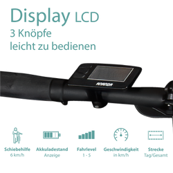 Tretwerk Akimbo Plus khaki Das LC Display ist mit 3 Knöpfen leicht zu bedienen und bietet Übersicht über Akkuladestand, Fahrlevel, Geschwindigkeit und Strecke.
