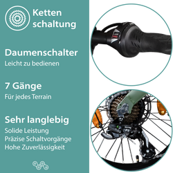 Tretwerk Akimbo Plus khaki Die langlebige 7 Gang Kettenschaltung liefert präzise Schaltvorgänge bei hoher Zuverlässigkeit und Langlebigkeit.
