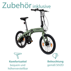 Tretwerk Akimbo Plus khaki Das Elektro Faltrad wird mit verkehrssicherer Beleuchtung nach StVZO geliefert.