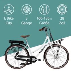 Das City E Bike mit 3 Gängen und 28 Zoll Radgröße eignet sich für Personen mit einer Körpergröße zwischen 160 und 185 cm.