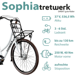 Nach 3 bis 6 Stunden Ladezeit fährt das Pedelec mit seinem 536 Wh Akku bis zu 130 Kilometer weit, angetrieben von einem Frontmotor.