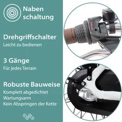 Die abgedichtete, robuste Shimano Nexus 3 Gang Nabenschaltung wird per Drehgriffschalter komfortabel bedient.