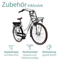 Zubehör inklusive: Das E Damenrad wird mit Gepäckträger vorne und hinten sowie Komfortsattel und Beleuchtung nach StVZO geliefert.