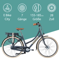 Das 28 Zoll City E Bike mit 7 Gängen eignet sich für Personen mit einer Körpergröße zwischen 155 und 185 cm.Das 28 Zoll City E Bike mit 7 Gängen eignet sich für Personen mit einer Körpergröße zwischen 155 und 185 cm.
