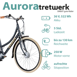 Mit 522 Wh Akku und 250 Watt Radnabenmotor vorne erreicht das Pedelec Reichweiten bis zu 130 Kilometern bei rund 5 Stunden Ladezeit.
