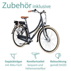 Zubehör inklusive: Das Damenfahrrad wird mit Gepäckträger, Komfortsattel und verkehrssicherer Beleuchtung geliefert.