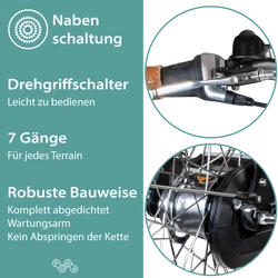 Die 7 Gang Shimano Nexus Nabenschaltung ist robust und wartungsarm und wird per Drehgriffschalter unkompliziert bedient.