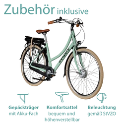 Zubehör inklusive: Das Damenfahrrad wird mit Gepäckträger, Komfortsattel und verkehrssicherer Beleuchtung geliefert.