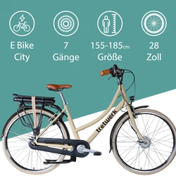 Das 28 Zoll City E Bike mit 7 Gängen eignet sich für Personen mit einer Körpergröße zwischen 155 und 185 cm.