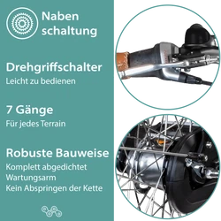 Die 7 Gang Shimano Nexus Nabenschaltung ist robust und wartungsarm und wird per Drehgriffschalter unkompliziert bedient.