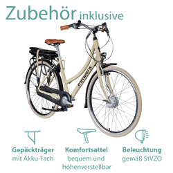 Zubehör inklusive: Das Damenfahrrad wird mit Gepäckträger, Komfortsattel und verkehrssicherer Beleuchtung geliefert.