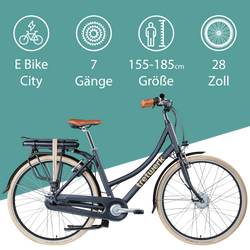 Tretwerk Aurora schwarz Das 28 Zoll City E Bike mit 7 Gängen eignet sich für Personen mit einer Körpergröße zwischen 155 und 185 cm.Das 28 Zoll City E Bike mit 7 Gängen eignet sich für Personen mit einer Körpergröße zwischen 155 und 185 cm.