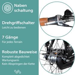 Tretwerk Aurora schwarz Die 7 Gang Shimano Nexus Nabenschaltung ist robust und wartungsarm und wird per Drehgriffschalter unkompliziert bedient.