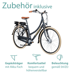 Tretwerk Aurora schwarz Zubehör inklusive: Das Damenfahrrad wird mit Gepäckträger, Komfortsattel und verkehrssicherer Beleuchtung geliefert.
