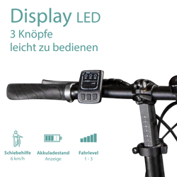 Das LED Fahrrad Display ist mit 3 Knöpfen leicht zu bedienen und verschafft Überblick über Akkuladestand und Fahrlevel.