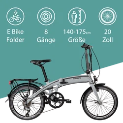 Das 20 Zoll E Klapprad mit 8 Gängen empfehlen wir für Personen mit 140 - 175 cm Körpergröße.