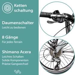 Die 8 Gang Fahrradschaltung Shimano Acera ist mit Daumenschalter einfach zu bedienen und schaltet leichtgängig.