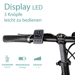 Tretwerk MetroCruze grau Das LED Fahrrad Display ist mit 3 Knöpfen leicht zu bedienen und verschafft Überblick über Akkuladestand und Fahrlevel.