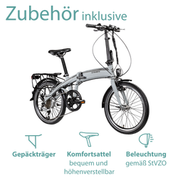 Tretwerk MetroCruze grau Zubehör inklusive: das Pedelec ist mit Gepäckträger, Komfortsattel und verkehrssicherer Beleuchtung nach StVZO ausgestattet.