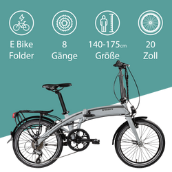 Tretwerk MetroCruze grau Das 20 Zoll E Klapprad mit 8 Gängen empfehlen wir für Personen mit 140 - 175 cm Körpergröße.