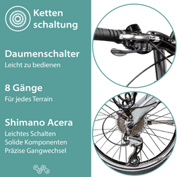 Tretwerk MetroCruze grau Die 8 Gang Fahrradschaltung Shimano Acera ist mit Daumenschalter einfach zu bedienen und schaltet leichtgängig.