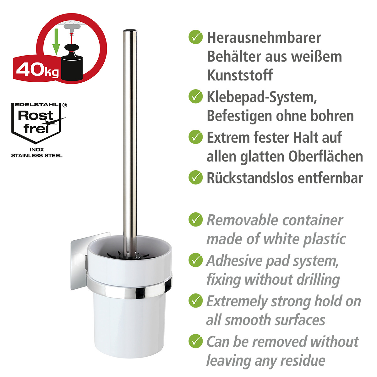 WENKO QUADRO WC-Garnitur, Weiß, Edelstahl, Befestigen Ohne Bohren Vacuum Loc