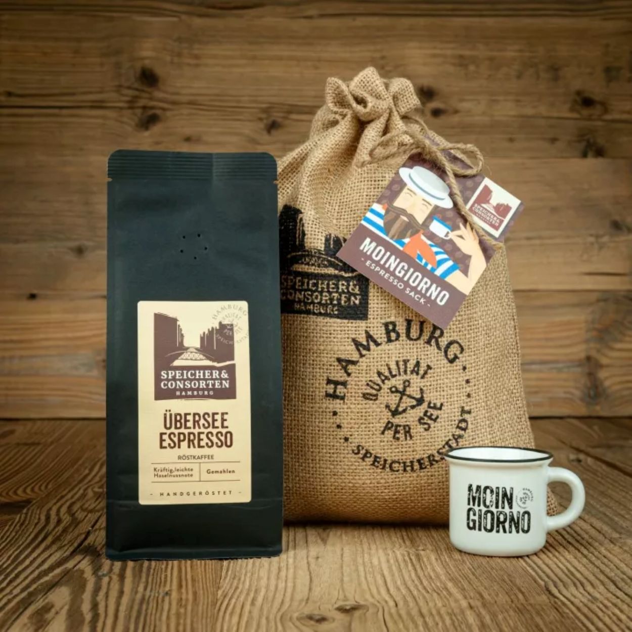 Speicher & Consorten Geschenkeset "Espressosack Moin Giorno" inkl. Keramikbecher