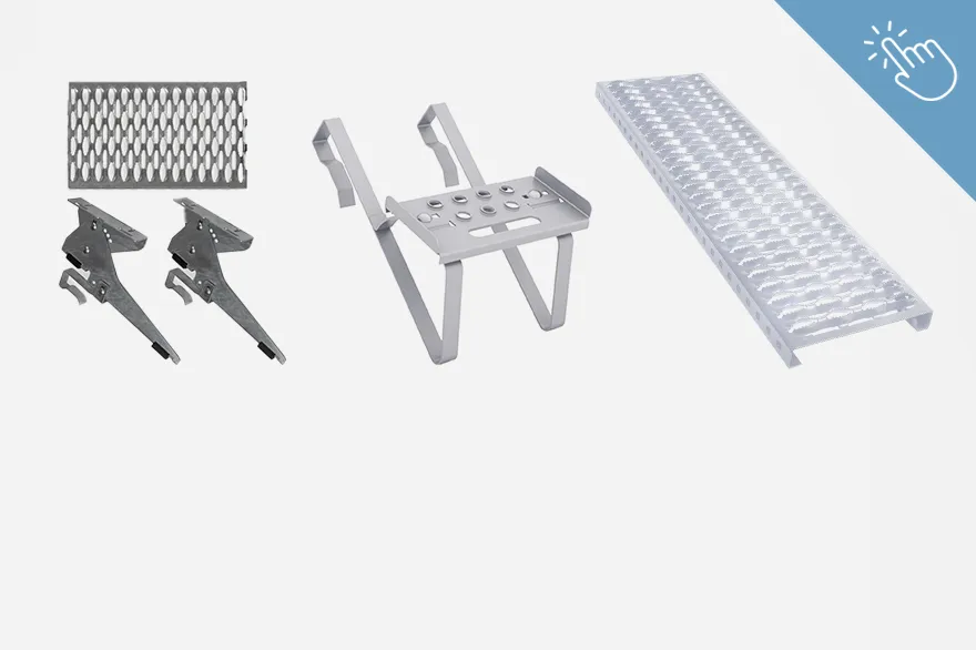 Mehrere Dachkomponenten wie Schneefanggitter, stabile Dachhaken und rutschfeste Laufroste sind nebeneinander angeordnet und verdeutlichen ihre jeweilige Funktion. Die Materialien und Formen sind auf Sicherheit und Witterungsbeständigkeit ausgelegt. Das Bild dient zur Übersicht von Dachsicherheit & Schneefang.