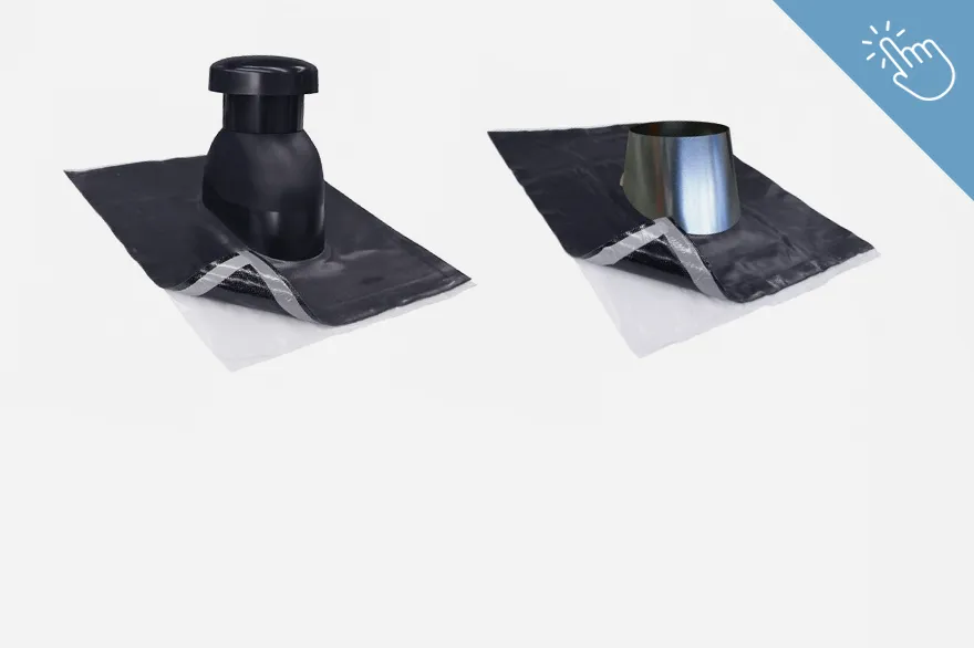 Zwei unterschiedliche Dachabdichtungen für Metall- oder Blechdächer liegen nebeneinander, eine mit schwarzem Aufsatz und die andere mit einem integrierten metallischen Rohr. Die Materialien und Formen deuten auf verschiedene Einsatzmöglichkeiten im Bereich der Dachentwässerung oder -durchführung hin. Das Bild dient zur Übersicht von Metall- / Blechdach.