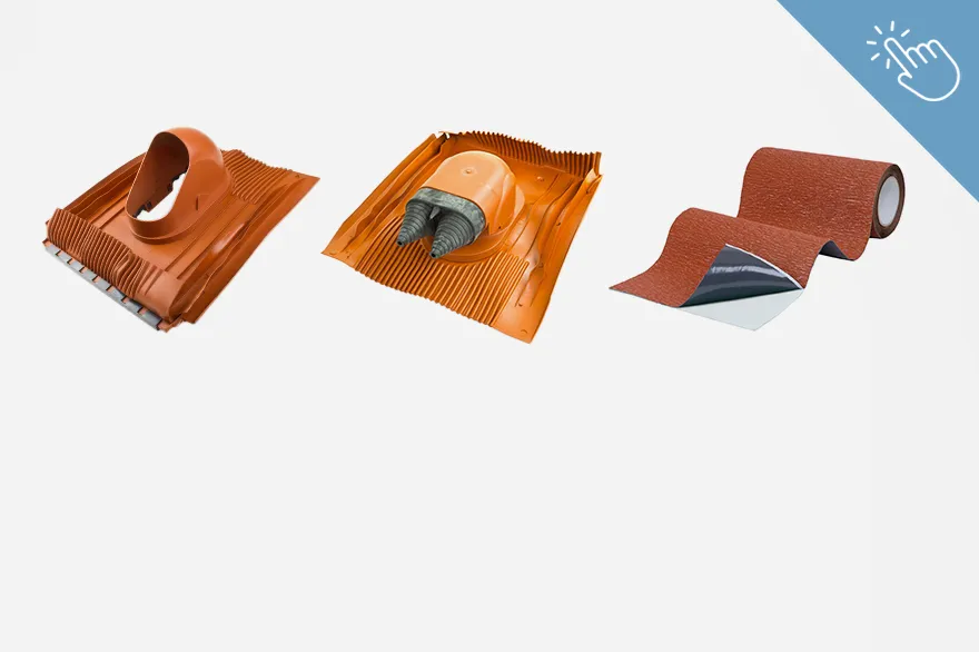 Drei unterschiedliche Dachmaterialien liegen nebeneinander: ein Ziegel mit integrierter Öffnung, ein Ziegel mit eingebauter Lüftungseinheit und eine Rolle Abdichtungsmaterial. Die Anordnung verdeutlicht verschiedene Lösungen für Belüftung und Abdichtung bei Ziegeldächern. Das Bild dient zur Übersicht von Ziegeldach.