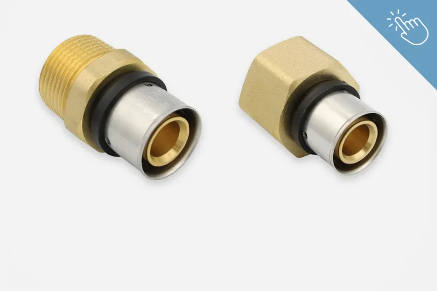 Zwei Anschlussarten sind dargestellt: eine gerade und eine abgewinkelte Variante, beide aus goldenem Metall mit schwarzen Dichtungen. Die Unterschiede in Form und Ausrichtung ermöglichen flexible Einsatzmöglichkeiten in verschiedenen Montagesituationen. Das Bild dient zur Übersicht von Anschlüssen.