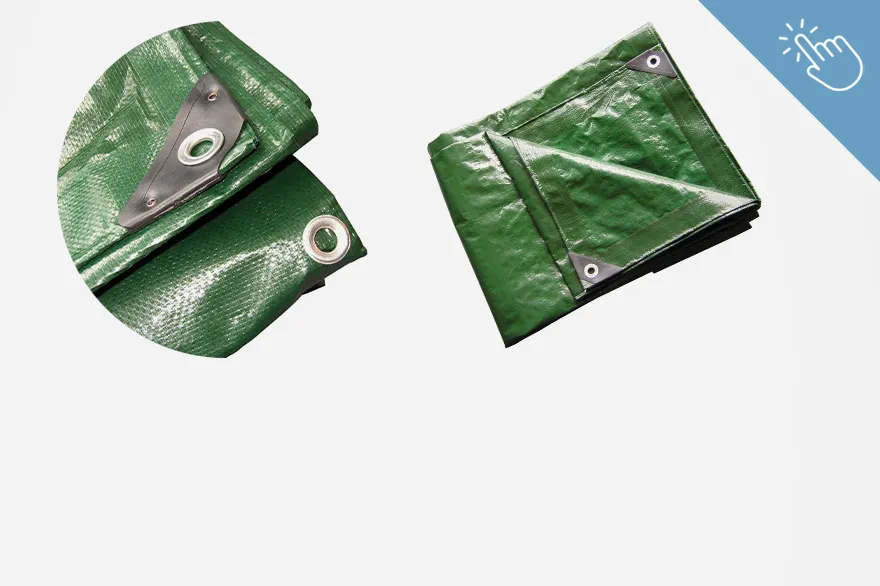 Zwei grüne Abdeckplanen, eine in runder und eine in rechteckiger Form, sind nebeneinander dargestellt. Beide verfügen über Metallösen an den Ecken zur sicheren Befestigung. Das Bild dient zur Übersicht von Abdeckplanen.