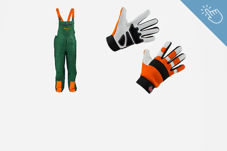 Eine grüne Latzhose mit orangefarbenen Akzenten liegt neben einem Paar Arbeitshandschuhe in Schwarz, Weiß und Orange. Die Kleidung ist für den sicheren Einsatz bei Arbeiten mit Schneidwerkzeugen konzipiert. Das Bild dient zur Übersicht von Schnittschutz.