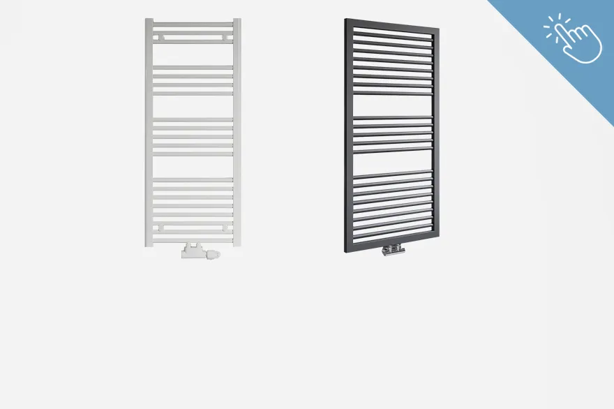 Zwei Badheizkörper in unterschiedlichen Farben – einer silbern, der andere schwarz – sind nebeneinander dargestellt. Beide verfügen über ein modernes Design mit horizontalen Streben; das Bild dient zur Übersicht von Badheizkörper.