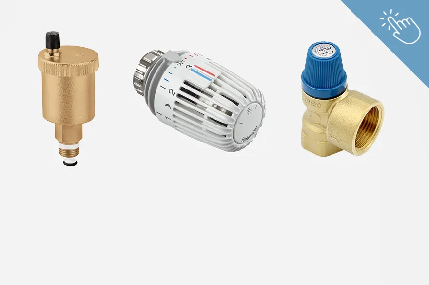 Ein automatisches Entlüftungsventil, ein Heizkörperthermostat und ein Sicherheitsventil sind nebeneinander angeordnet und gut voneinander unterscheidbar. Die unterschiedlichen Bauformen verdeutlichen ihre jeweilige Funktion im Heizungs- und Sanitärbereich. Das Bild dient zur Übersicht von Ventile & Thermostate