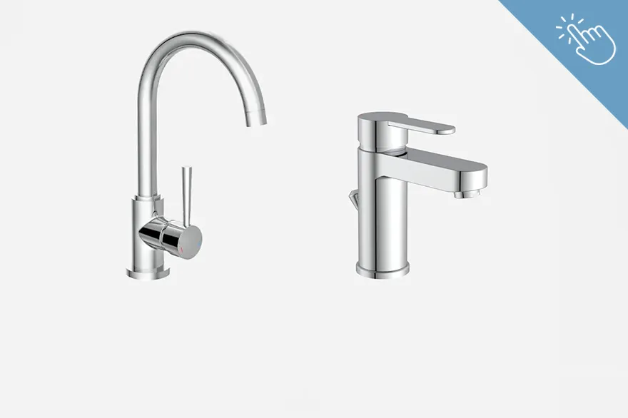 Zwei Wasserhähne aus glänzendem Metall sind dargestellt, einer mit hohem, gebogenem Auslauf und der andere mit kurzem, geradem Auslauf. Beide verfügen über einen Hebelgriff zur Regulierung von Wasserfluss und Temperatur, das Bild zur Übersicht von Armature