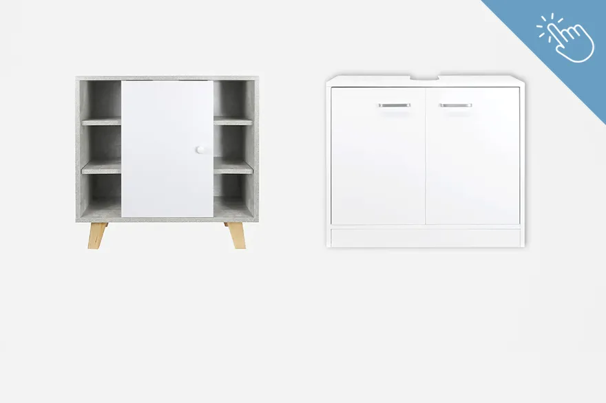 Ein grauer Schrank mit weißen Türen und Holzbeinen steht neben einem weißen Schrank mit silbernen Griffen. Die Kombination vermittelt ein modernes und funktionales Design und führt zur Übersicht von Badmöbel.