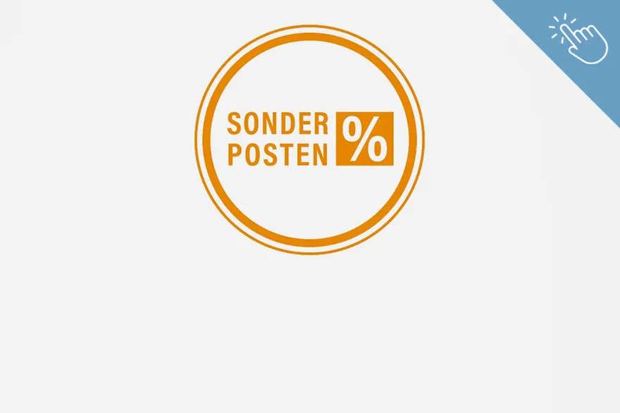 Ein orangefarbener Kreis trägt die Aufschrift „SONDER POSTEN %“ in der Mitte, ergänzt durch ein blaues Dreieck oben rechts mit einem weißen Symbol einer Hand, die auf einen Punkt zeigt. Die Gestaltung hebt besondere Angebote hervor und führt zur Übersicht von Neu im Sortiment Sonderposten%.