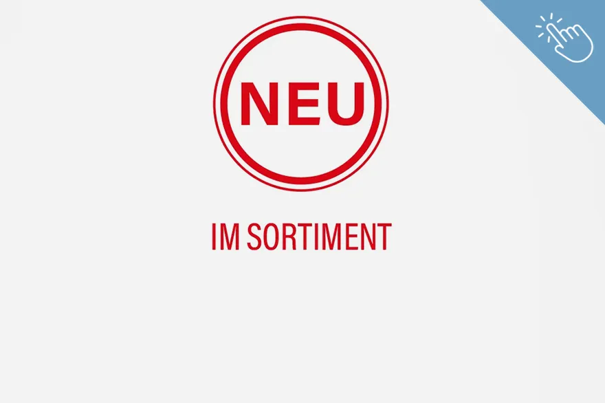 Ein roter Kreis mit dem Wort „NEU“ in der Mitte wird durch den darunter stehenden Text „IM SORTIMENT“ ergänzt. In der oberen rechten Ecke befindet sich ein blaues Dreieck mit einem weißen Klick-Symbol, was zur Übersicht von Neu im Sortiment Werkzeug führt.