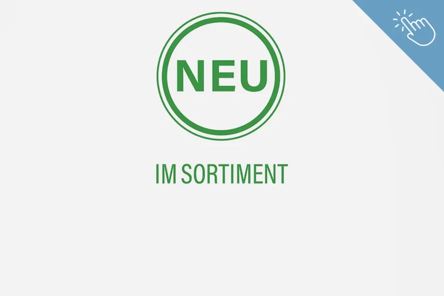 NEU steht in grüner Schrift innerhalb eines doppelt umrandeten Kreises, darunter befindet sich der Text „IM SORTIMENT“. Die Gestaltung hebt neue Produkte im Gartenbereich hervor und führt zur Übersicht von Neu im Sortiment Garten.