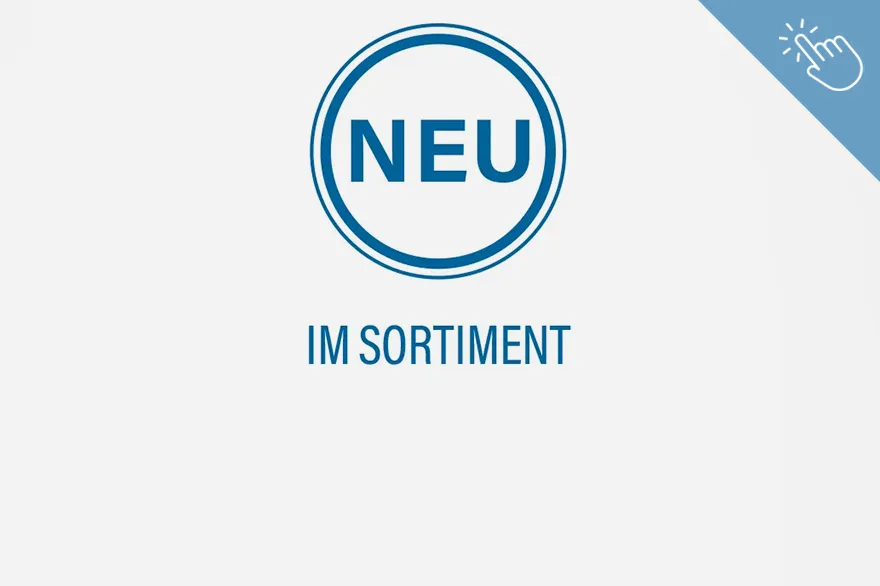 NEU steht in einem blauen Kreis, darunter ist in Großbuchstaben der Text „IM SORTIMENT“ platziert. Die Gestaltung hebt neue Produkte hervor und führt zur Übersicht von Neu im Sortiment Sanitär.