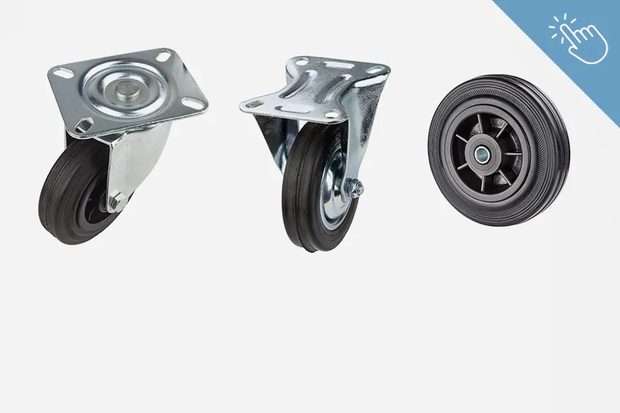 Drei unterschiedliche Ausführungen von Rädern und Rollen sind nebeneinander platziert, darunter zwei schwenkbare Modelle mit stabilen Metallhalterungen und ein einzelnes Rad ohne Halterung. Die Auswahl verdeutlicht verschiedene Einsatzmöglichkeiten für Transport- und Möbelanwendungen. Das Bild dient zur Übersicht von Räder & Rollen.