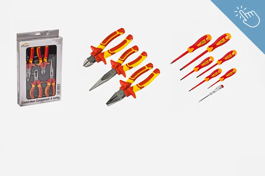 Drei Zangen mit roten und gelben Griffen befinden sich zentral im Bild, flankiert von sechs Schraubendrehern und einem Spannungsprüfer auf der rechten Seite. Links ist eine Verpackung zu sehen, die das identische Zangenset zeigt. Das Bild dient zur Übersicht von Elektriker Werkzeug.
