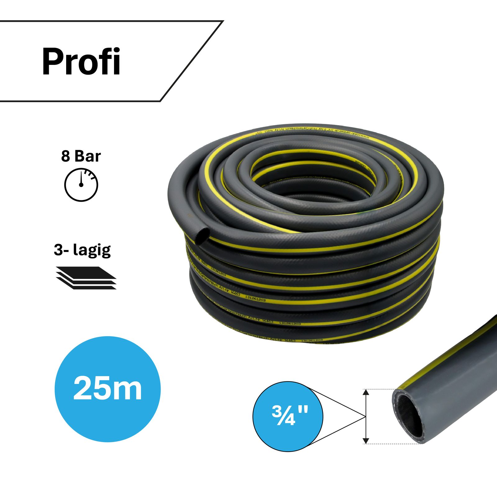 Gartenschlauch Grau 3/4 Zoll 25 m 3-lagig verstärkt knickfest "Profi"