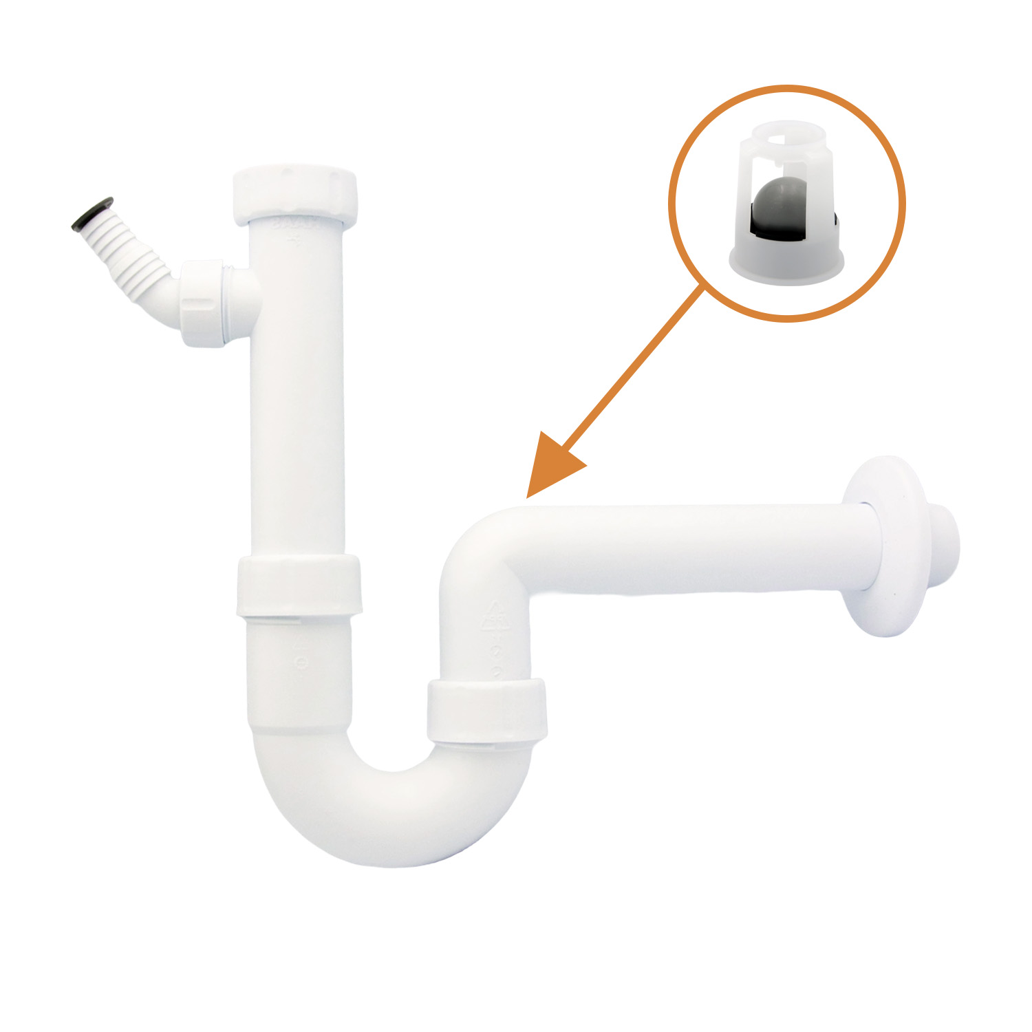 Siphon 1 1/4 Zoll DN40 mit Kugelverschluss und Geräteanschluss