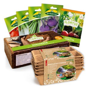 Anzuchtset Gemüse mit Anzuchttöpfen und Kokoserde (800 g, ergibt 10 l)
